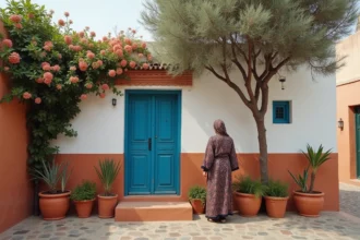 Maison à louer à Essaouira avec petit jardin fleuri et porte bleue traditionnelle, femme marocaine dans son jardin