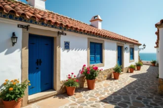 Façade d'une petite maison de pêcheur traditionnelle au Portugal avec murs blanchis à la chaux et carreaux bleus, ruelles en pavés de l'Algarve
