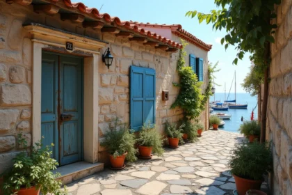 Maison de pêcheur méditerranéenne dans son jus avec volets bleus délavés et façade en pierre ancienne dans un village côtier