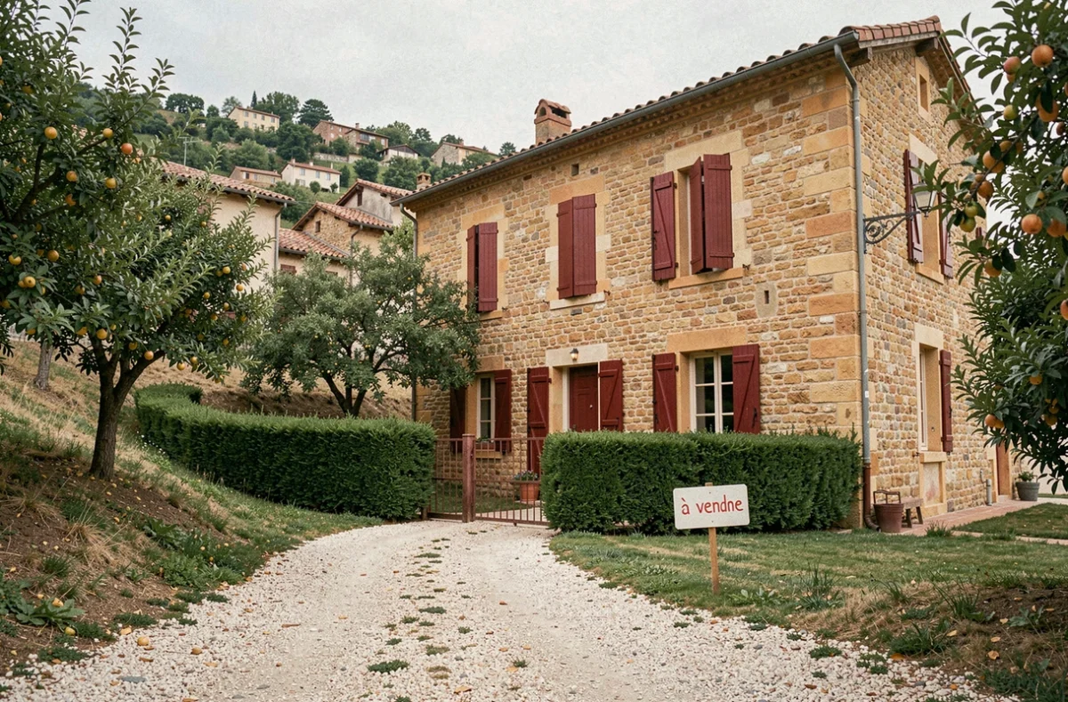 Maison en pierre à vendre sur les coteaux lyonnais entourée de végétation avec panneau immobilier