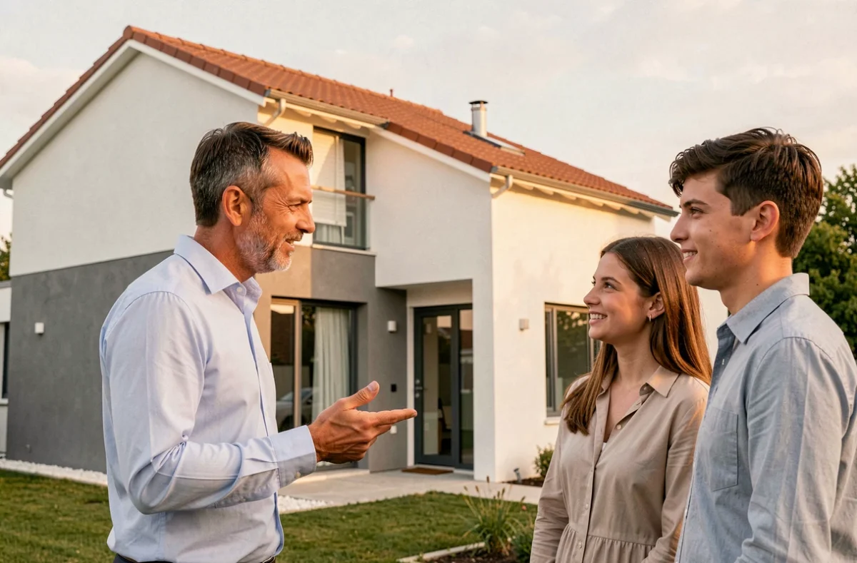 Commercial présentant une maison neuve contemporaine à Lyon-Est à un jeune couple lors d'une visite extérieure
