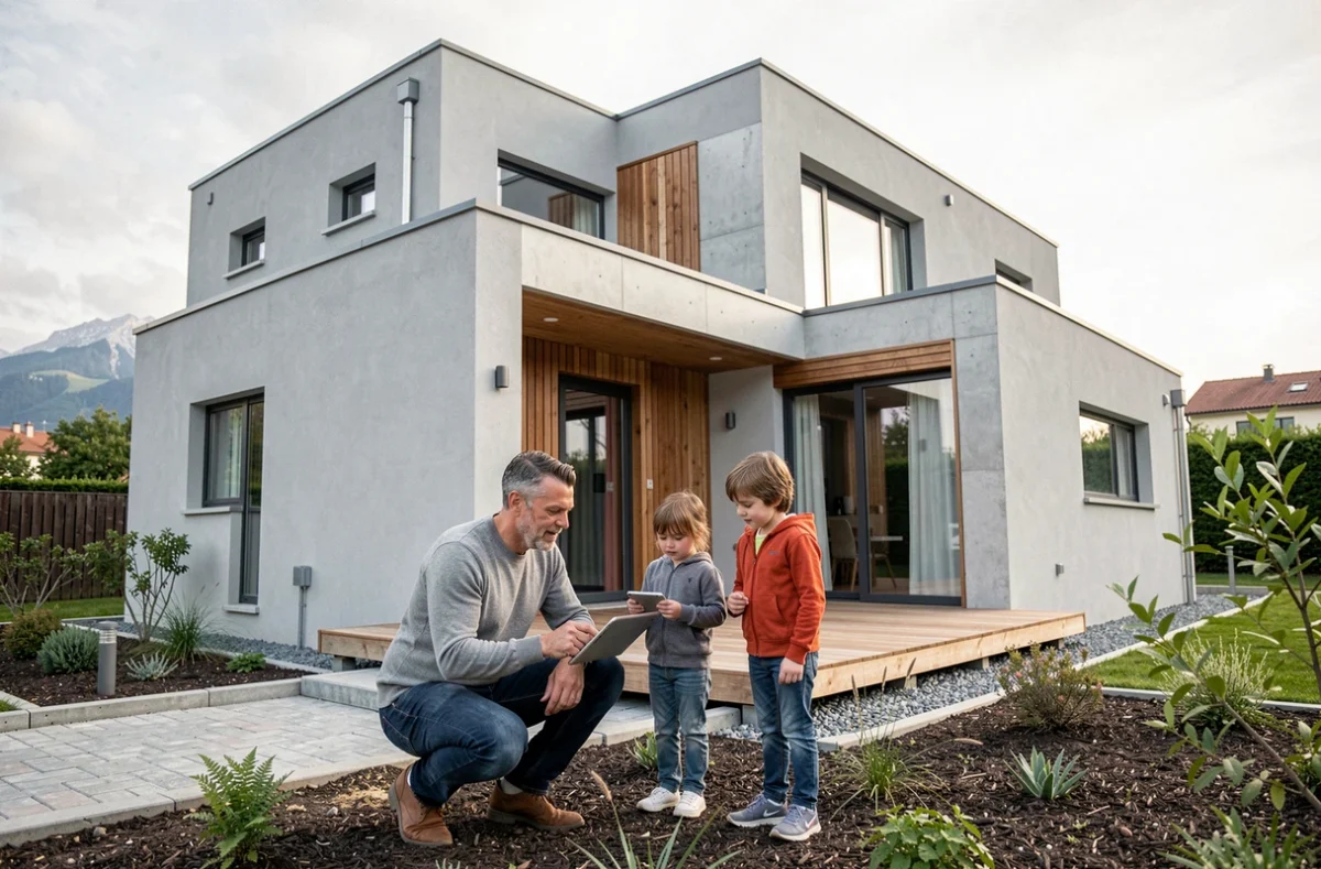 Architecte discutant des détails de construction avec une famille devant une maison moderne à ossature contemporaine en Rhône-Alpes