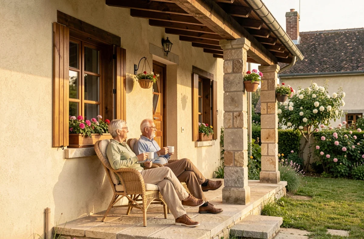 Couple de retraités profitant de la terrasse couverte de leur maison traditionnelle Maisons Clair Logis dans un village de la Drôme