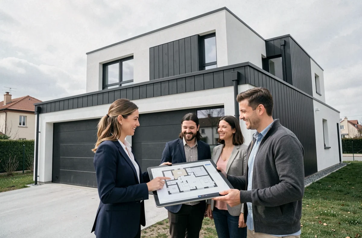 Conseillère commerciale présentant un plan de maison sur tablette à un couple devant un modèle contemporain Maisons Punch près de Lyon