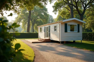 Mobil-home sur parcelle de terrain privée en Vendée entouré d'arbres et d'une allée en gravier