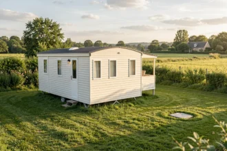 Mobil-home sur un terrain privé avec regard d'assainissement dans la pelouse