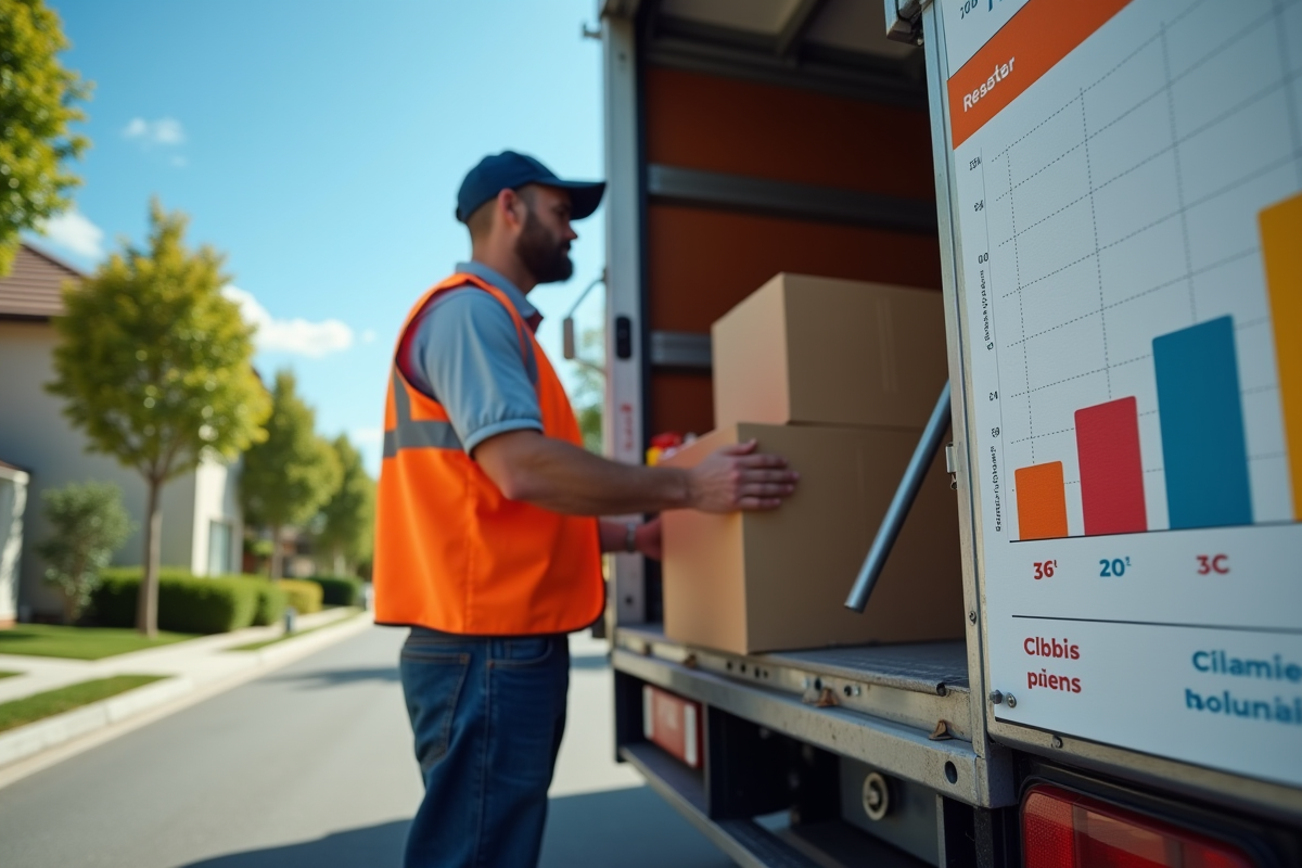 Monteur professionnel chargeant des caisses colorées dans un camion