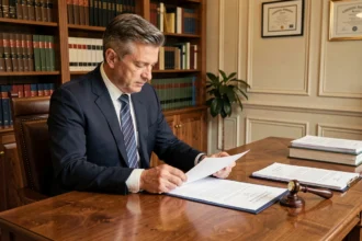 Notaire consultant un acte de vente immobilier dans son bureau officiel avec des documents juridiques et un cachet professionnel