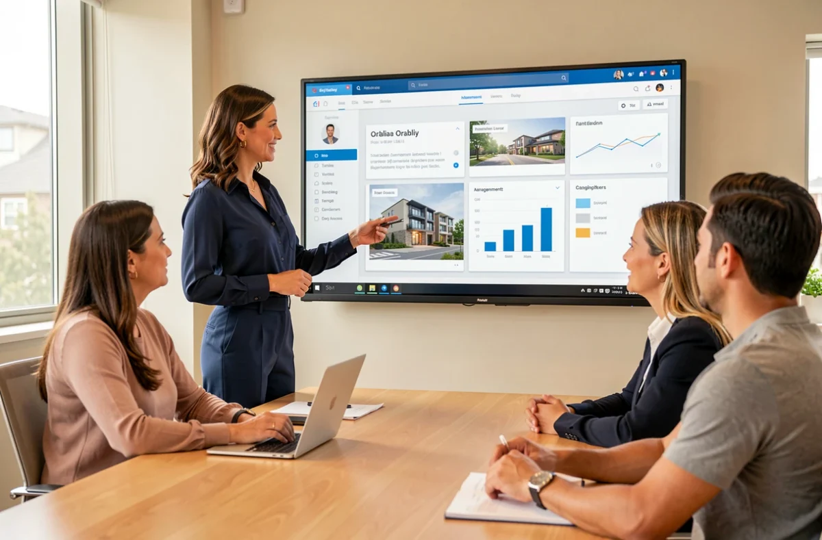Conseillère Oralia présentant un tableau de bord de gestion de copropriété