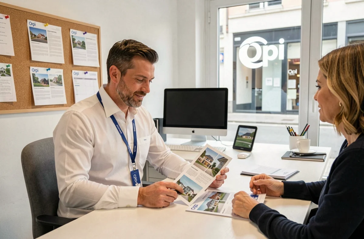 Agent Orpi Bourg-en-Bresse en consultation avec des clients dans les bureaux de l'agence