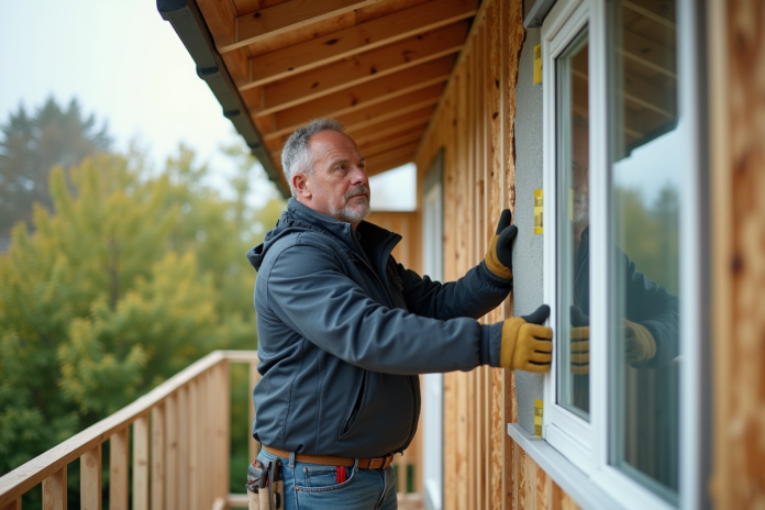 Ouvrier installant isolation sur mur extérieur maison