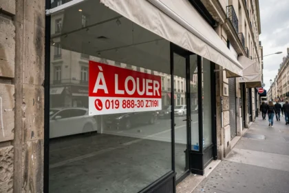 Panneau À Louer rouge et blanc affiché sur la vitrine d'un local commercial vide en centre-ville