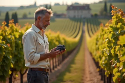 Homme passionné de vin examinant des grappes de raisin Merlot dans un domaine viticole à vendre à Bordeaux