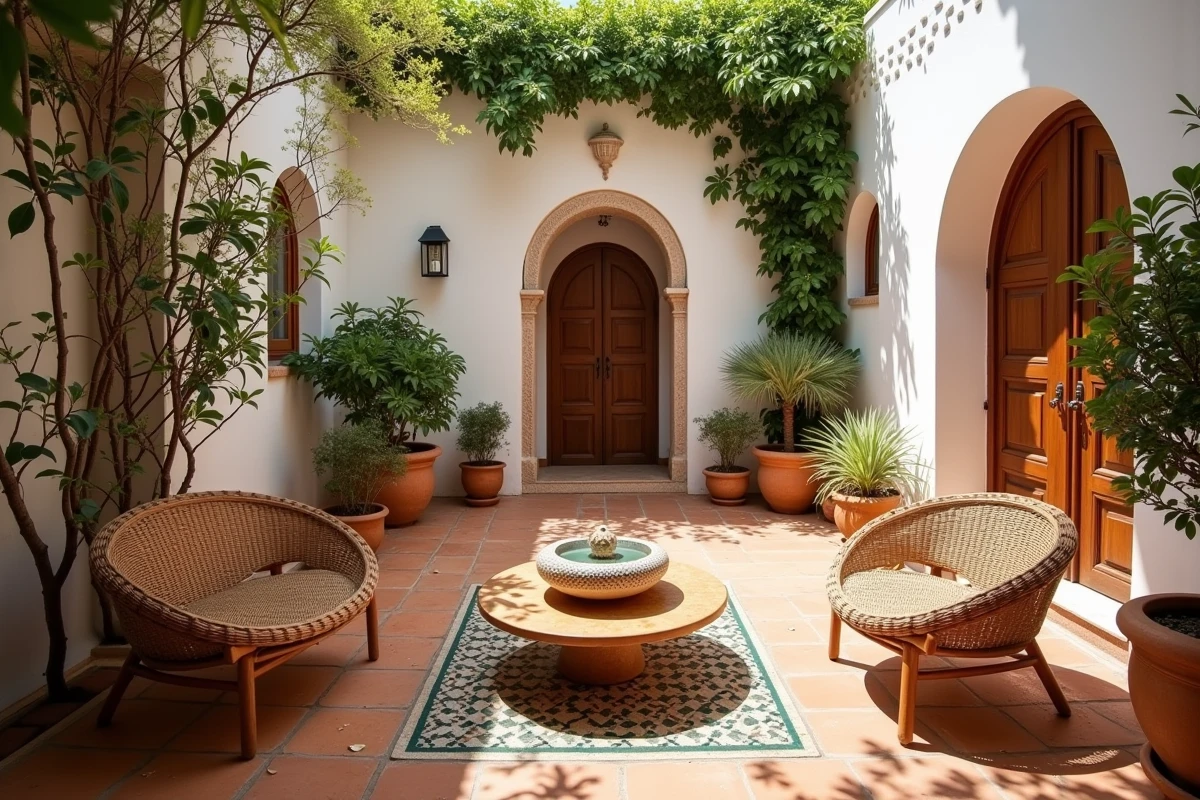 Patio intérieur d'une maison à louer à Essaouira avec jardin en courtyard, fontaine en zellige et mobilier en rotin
