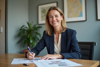 Agente immobilière professionnelle Patricia4realestate analysant des fiches de propriétés dans son bureau, illustrant la différence entre un service personnalisé et les agents en ligne