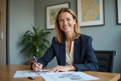 Agente immobilière professionnelle Patricia4realestate analysant des fiches de propriétés dans son bureau, illustrant la différence entre un service personnalisé et les agents en ligne