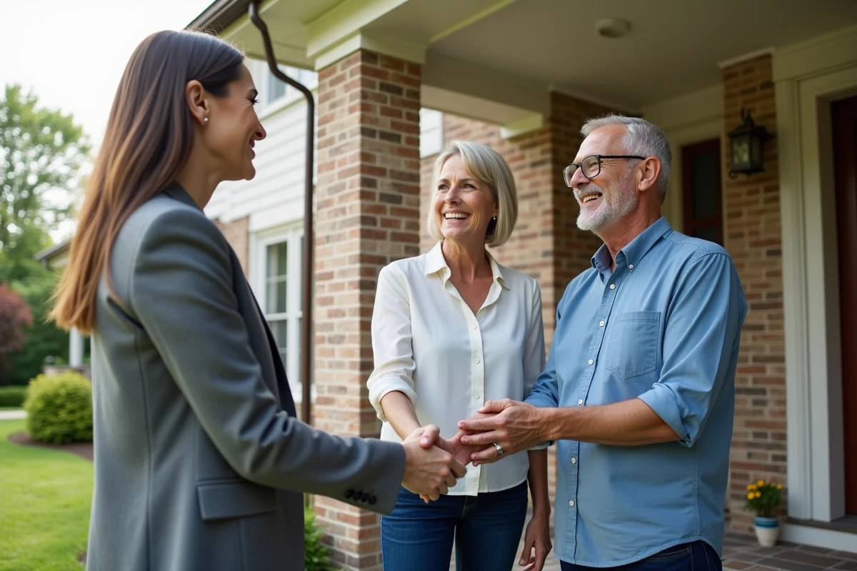 Agent immobilier Patricia4realestate concluant une transaction avec un couple d'acheteurs devant une maison, symbolisant la valeur ajoutée d'un accompagnement humain face aux plateformes en ligne