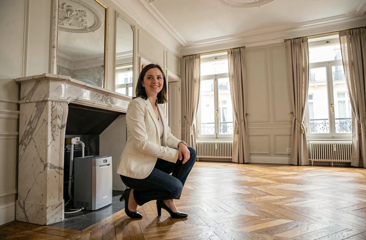 Consultante en rénovation énergétique inspectant une pompe à chaleur installée sous une cheminée en marbre dans un appartement haussmannien parisien
