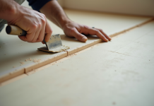 Ouvrier appliquant du joint sur plaque de platre en plein jour