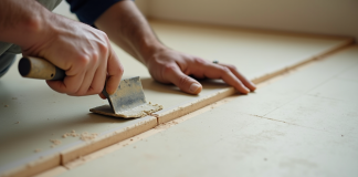 Ouvrier appliquant du joint sur plaque de platre en plein jour