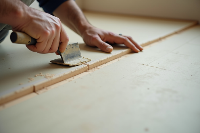 Ouvrier appliquant du joint sur plaque de platre en plein jour