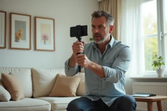 Homme réalisant une visite virtuelle immobilière avec un smartphone sur trépied dans un salon décoré