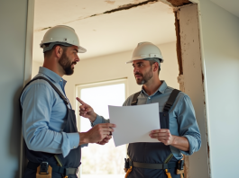 Garantie décennale : Comment demander une prise en charge en cas de sinistre ? Expert en construction et propriétaire examinant des dégâts sur un mur de maison moderne