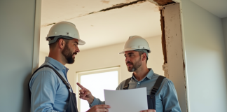 Expert en construction et propriétaire examinant des dégâts sur un mur de maison moderne