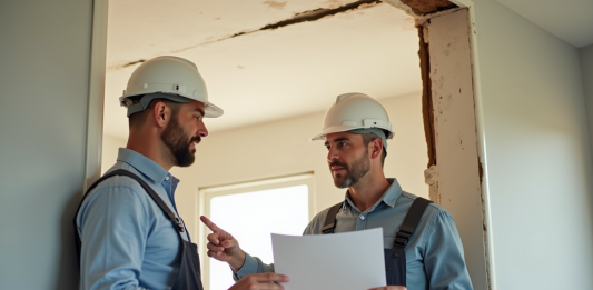 Garantie décennale : Comment demander une prise en charge en cas de sinistre ? Expert en construction et propriétaire examinant des dégâts sur un mur de maison moderne