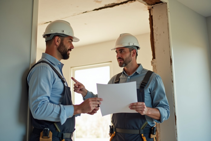 Expert en construction et propriétaire examinant des dégâts sur un mur de maison moderne