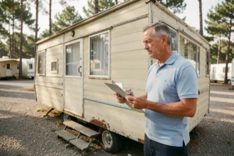 Professionnel évaluant l'état extérieur d'un ancien mobil-home lors d'une reprise en camping