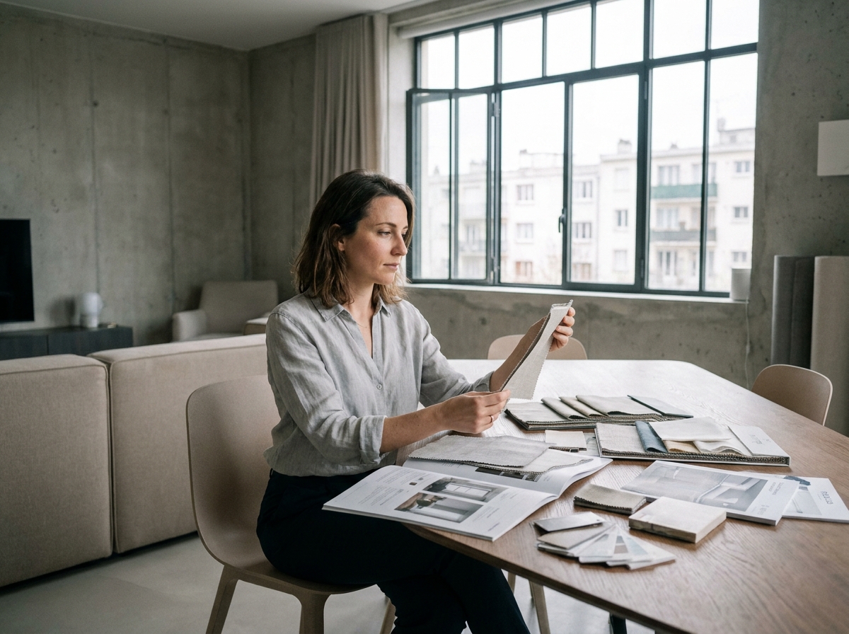 Femme comparant des échantillons de fenêtres pour un projet de rénovation dans un appartement moderne à Courbevoie