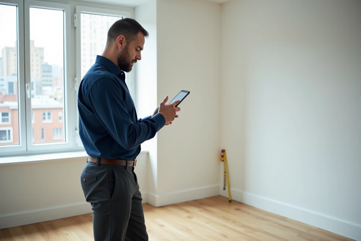 Propriétaire visitant un appartement vide tout en gérant sa location à distance via smartphone