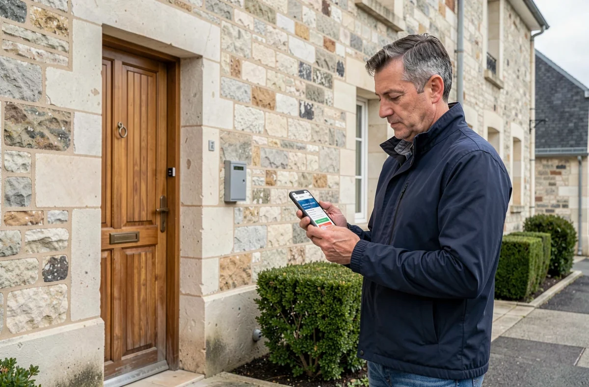 Propriétaire comparant des offres d'assurance habitation sur smartphone devant une maison à Saint-Nazaire