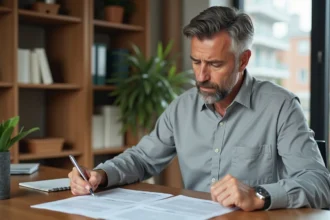 Propriétaire immobilier examinant attentivement les clauses d'un contrat d'assurance loyer impayé à son bureau
