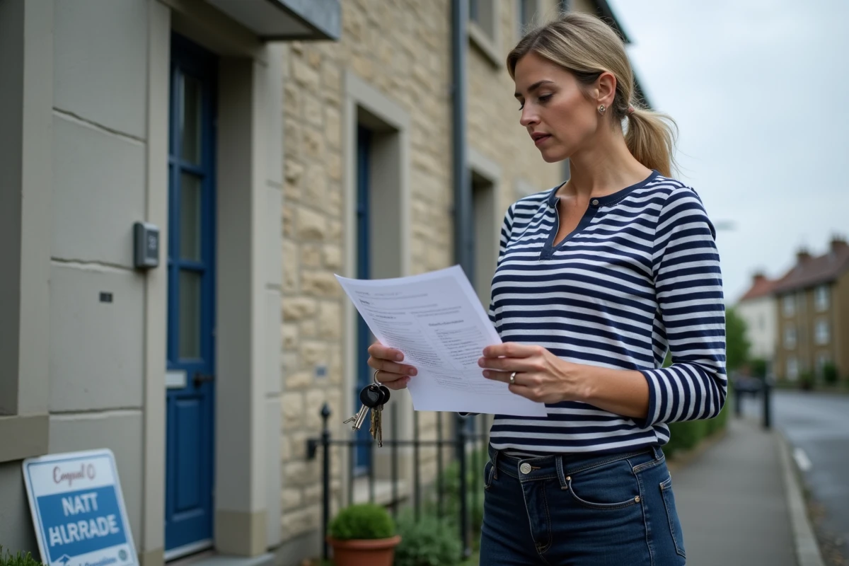 Femme tenant des clés et un contrat de location devant une maison typique du Havre en location saisonnière