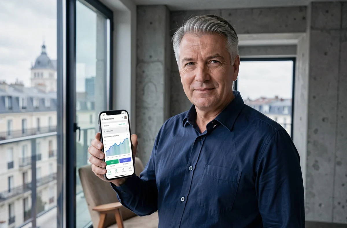 Propriétaire immobilier vérifiant son compte Foncia sur smartphone avec tableau de bord de gestion locative