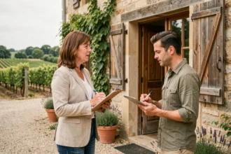 Propriétaire d'une maison en pierre discutant avec un repéreur de lieux de tournage dans une cour de ferme provençale