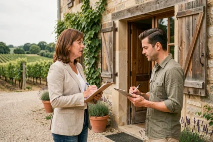 Propriétaire d'une maison en pierre discutant avec un repéreur de lieux de tournage dans une cour de ferme provençale