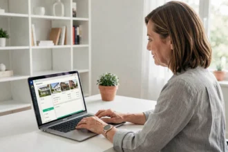 Propriétaire connectée consultant son espace MyFoncia sur un ordinateur portable dans un bureau à domicile moderne en 2026