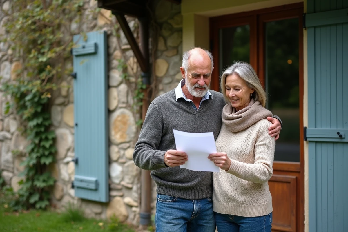 Couple de propriétaires consultant leur diagnostic de performance énergétique devant une maison ancienne en pierre