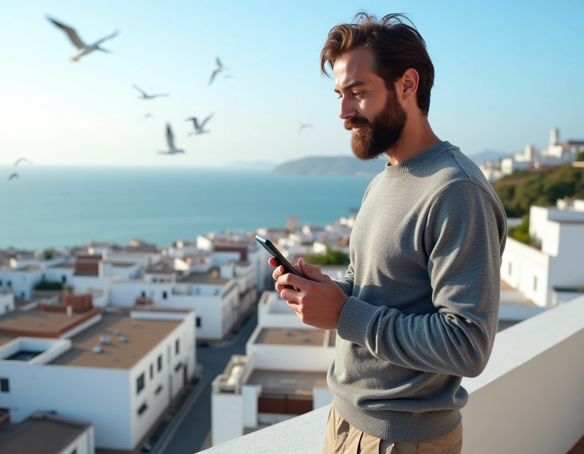 Homme consultant des annonces de location longue durée sur smartphone depuis une terrasse avec vue panoramique sur les toits et les remparts d'Essaouira