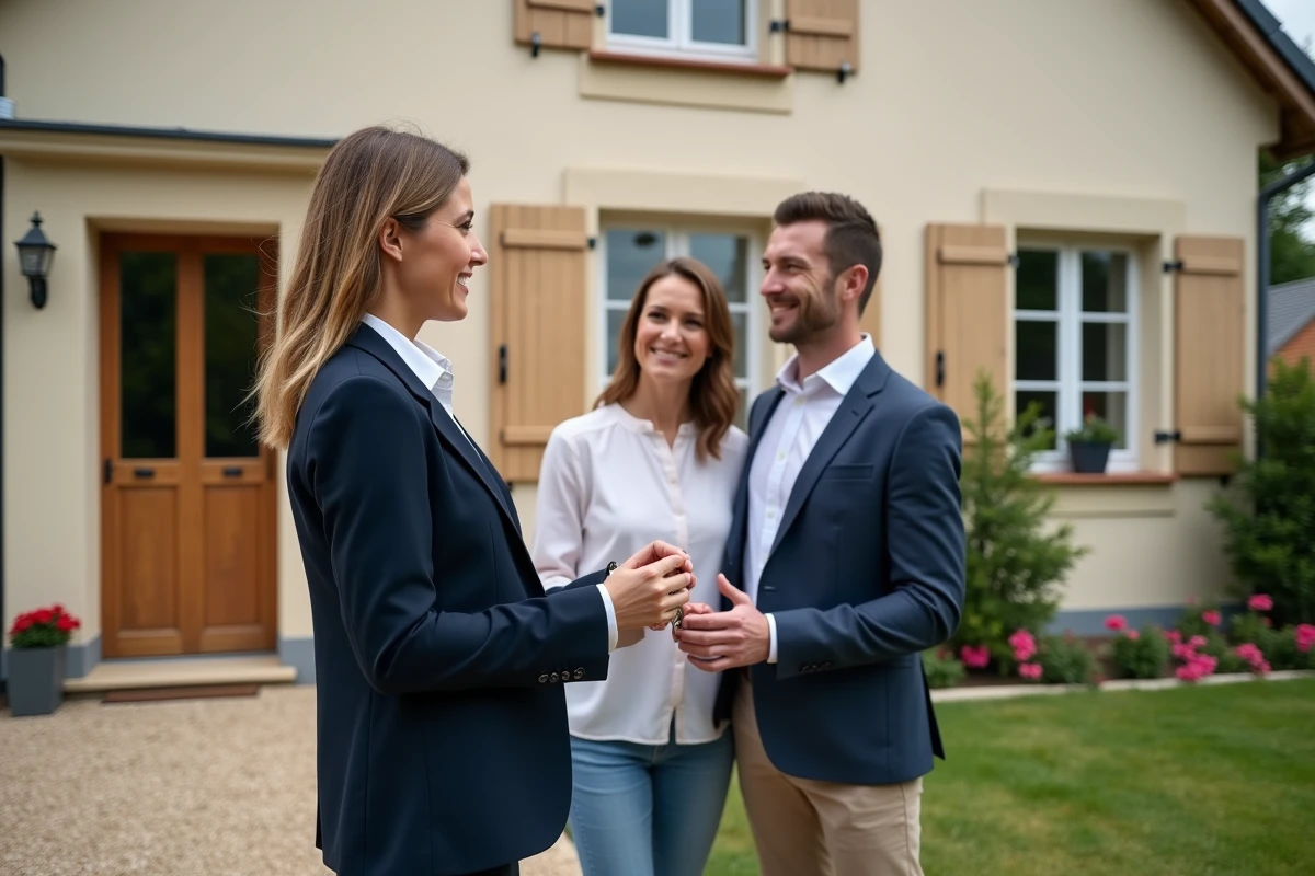 Agent immobilier remettant les clés d'une villa à un couple à Maisons-Laffitte, illustrant le marché immobilier familial attractif de la ville