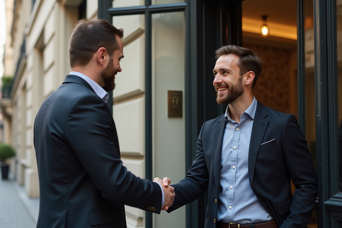 Propriétaire souriant remettant les clés à un locataire devant un immeuble parisien