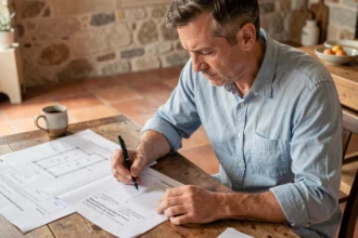 Homme remplissant un formulaire de déclaration préalable de travaux à une table en bois avec des plans architecturaux