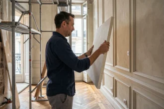 Architecte examinant un panneau d'isolation thermique dans un appartement haussmannien en rénovation énergétique à Paris