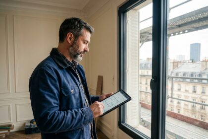 Technicien en rénovation mesurant une fenêtre à double vitrage dans un appartement haussmannien à Courbevoie