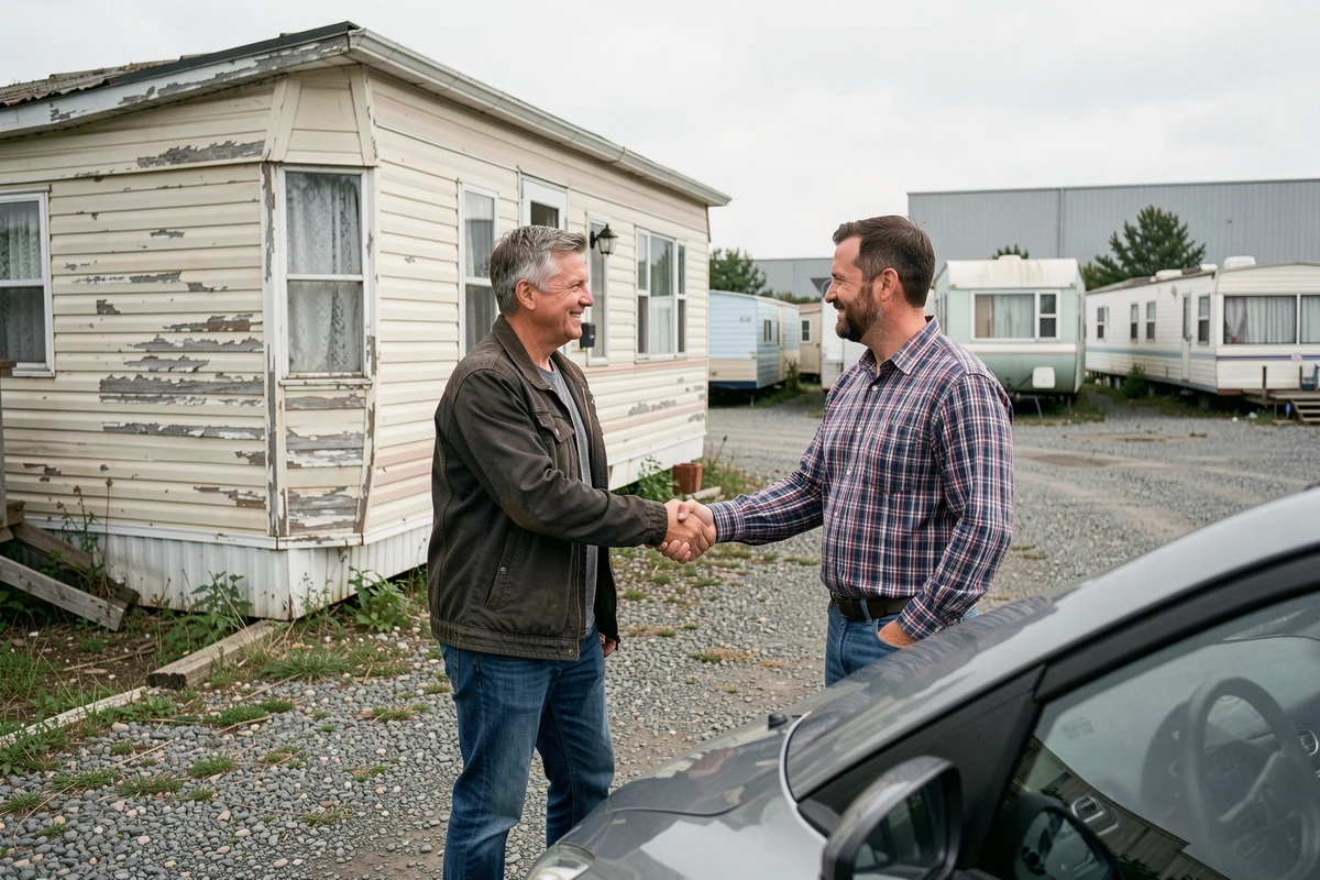 Couple concluant une reprise de mobil-home usagé avec un particulier sur un lot de revente