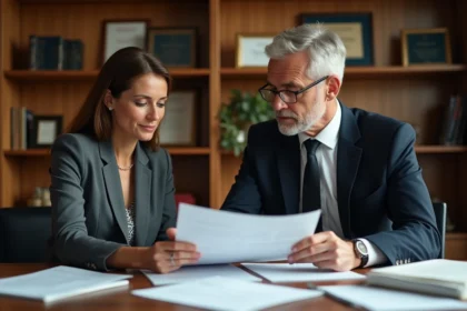 Femme discutant d'une revente de bien PTZ avec un notaire dans un bureau professionnel, documents immobiliers étalés sur la table