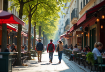 Scène de rue animée dans l'est de Paris en journée avec jeunes professionnels